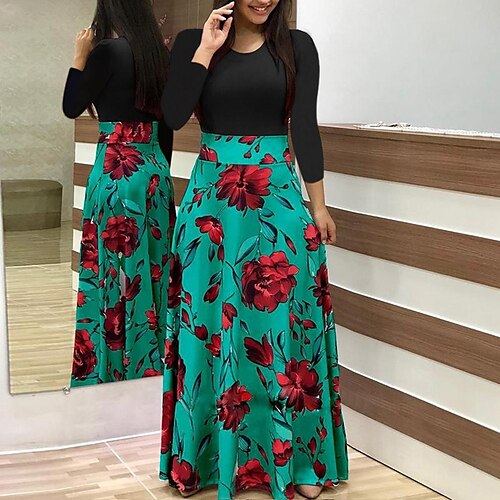 Women's A Line Dress Midi Dress Black And White Color bar Dots Leaf flower Green Pink Red Long Sleeve Floral Polka Dot Print Spring Summer Crew Neck Women's A Line Dress Midi Dress Black And White Color bar Dots Leaf flower Green Pink Red Long Sleeve Floral Polka Dot Print Spring Summer Crew Neck