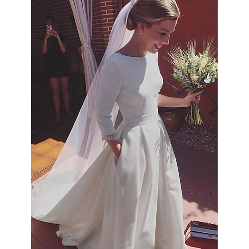 

A-Line Wedding Dresses Jewel Neck Court Train Satin 3/4 Length Sleeve Simple Vintage with Pleats 2022