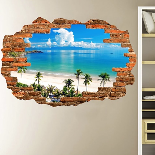 

3D Broken Wall Blue Sky White Cloud Coconut Beach Home Corridor Background Decoration Can Be Removed Stickers