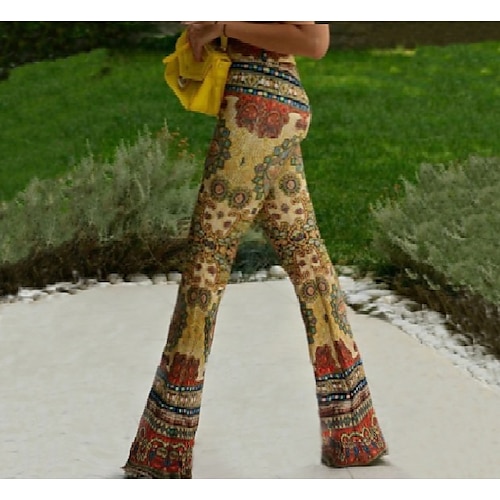 

Women's Flare Wide Leg Tights Pants Trousers Yellow Orange Brown High Waist Boho Vintage Inspired 1980s Party Carnival Full Length S M L XL / Bell Bottom / Slim