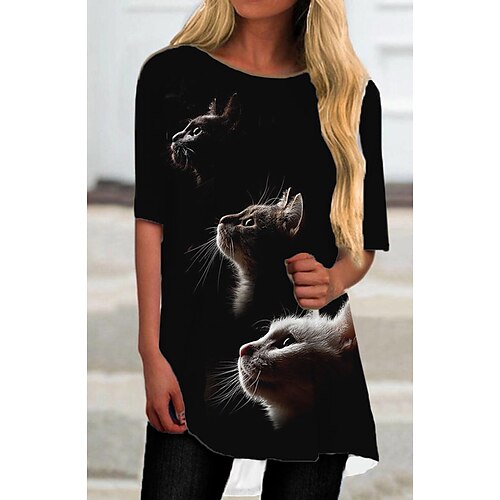 Femme Robe t-shirt Demi Manches Automne Printemps - Casual Imprimer Animal Chat Col Ras du Cou Noir S M L XL XXL 3XL