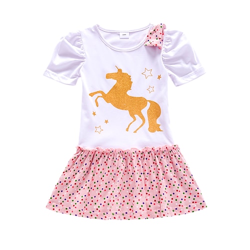 

Kids Little Girls' Dress Unicorn Cartoon Polka Dot Animal Sheath Dress Birthday Sparkle Print Blushing Pink Gray White 100% Cotton Knee-length Short Sleeve Regular Princess Cute Dresses Children's Day