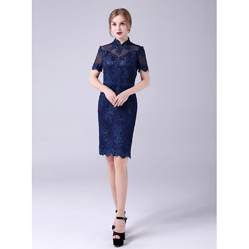 

Sheath / Column Mother of the Bride Dress Elegant Sweet High Neck Knee Length Lace Short Sleeve with Sash / Ribbon Beading Appliques 2022