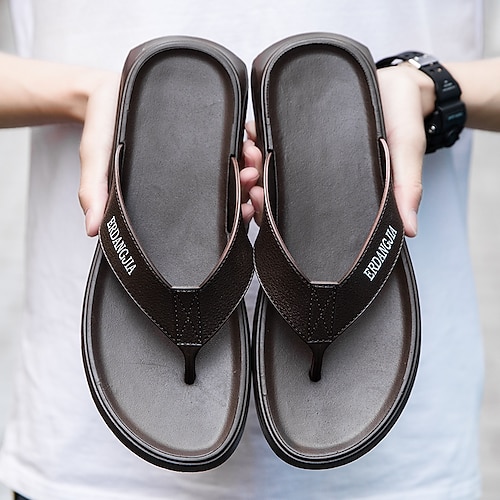 

Men's Slippers & Flip-Flops Casual Beach Home Beach Rubber PU Breathable Non-slipping Black Brown White Summer