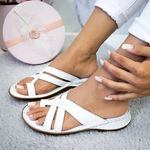 

Women's Sandals Daily Outdoor Slippers Summer Flat Heel Open Toe Casual Faux Leather Loafer Solid Colored Yellow Brown Gray