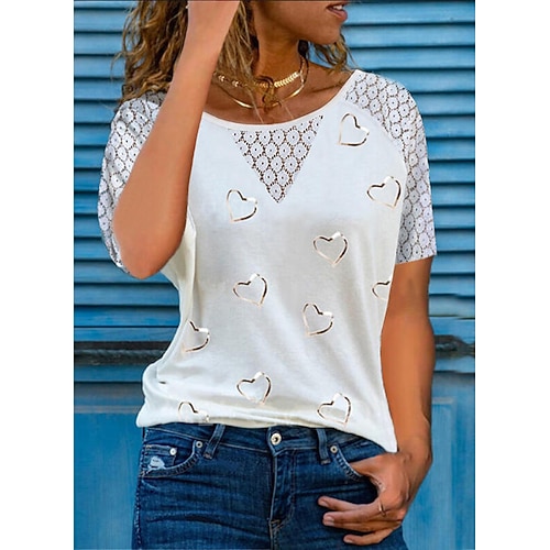 

Women's T shirt Tee Blue Pink Red Graphic Heart Lace Patchwork Short Sleeve Daily Weekend Basic Round Neck Regular S / Print