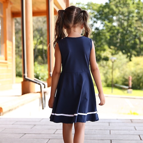 Baby girl dress Kids Little Girls' Dress Striped Solid Color Tank Dress  School Uniforms School Casual Bow Navy Blue Cotton Knee-length Cute Sweet