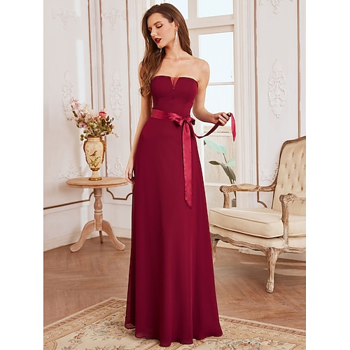 

A-Line Bridesmaid Dress Strapless Sleeveless Elegant Floor Length Chiffon with Sash / Ribbon 2022