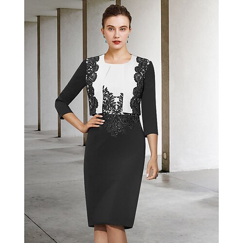 

Two Piece Sheath / Column Mother of the Bride Dress Elegant Jewel Neck Knee Length Lace Stretch Fabric Half Sleeve with Appliques 2022