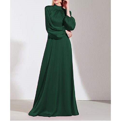 

A-Line Minimalist Elegant Wedding Guest Prom Dress High Neck Long Sleeve Floor Length Imitation Silk with Sleek 2022