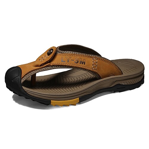 

Men's Slippers & Flip-Flops Beach Outdoor Nappa Leather Breathable Non-slipping Wear Proof Light Brown Dark Brown Black Spring Summer