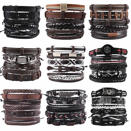 

vintage men's hand jewelry 5 packs cross braided leather adjustable set bracelet