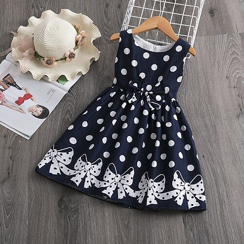 

Kids Girls' Retro Polka Dot Dress Lace Trims Print Blue White Knee-length Sleeveless Dresses Summer Regular Fit 3-12 Years