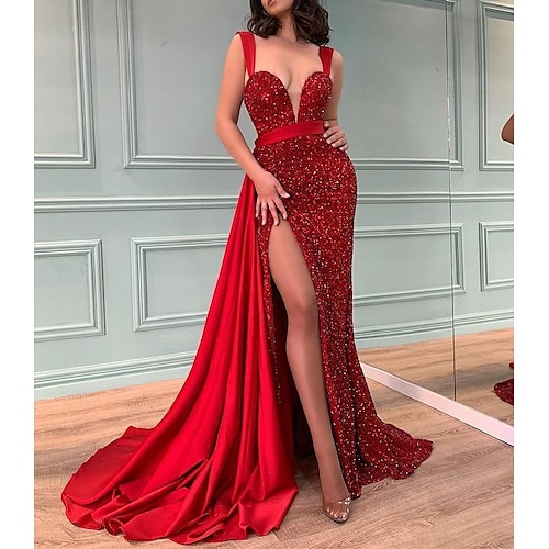 

A sirena Brillanti Sensuale Fidanzamento Serata formale Compleanno Vestito A V Senza maniche Strascico a terra Con strass con Fessura 2022