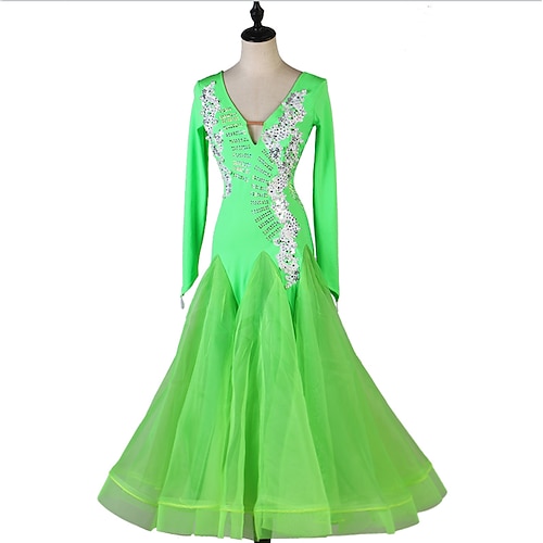 

Ballroom Dance Dress Appliques Split Joint Crystals / Rhinestones Women's Training Long Sleeve Chinlon Mesh Chiffon