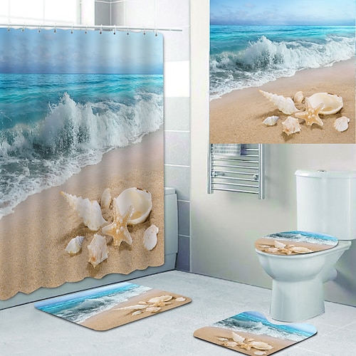 

Beach Conch Printed Bathtub Curtain liner Covered with Waterproof Fabric shower Curtain for Bathroom home Decoration with hook floor mat and four-piece Toilet mat