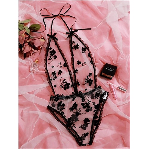 

Women's Layered Lace Hole Sexy Bodysuits Teddies & Bodysuits Nightwear - Spandex Floral Solid Colored Embroidered Bra Black XS S M / Spring & Summer / Fall & Winter