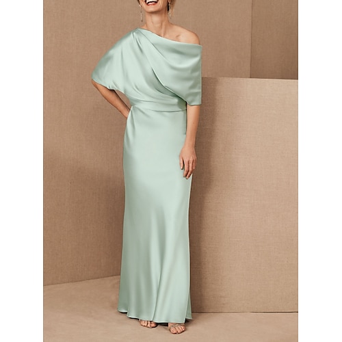 

Sheath / Column Mother of the Bride Dress Elegant One Shoulder Floor Length Charmeuse Half Sleeve with Draping 2022