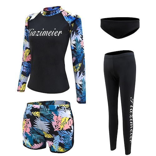 

Women's Rashguard Swimsuit Spandex Swimwear Bathing Suit UV Sun Protection UPF50 Breathable Full Body 4-Piece - Swimming Surfing Water Sports Floral / Botanical Autumn / Fall Spring Summer