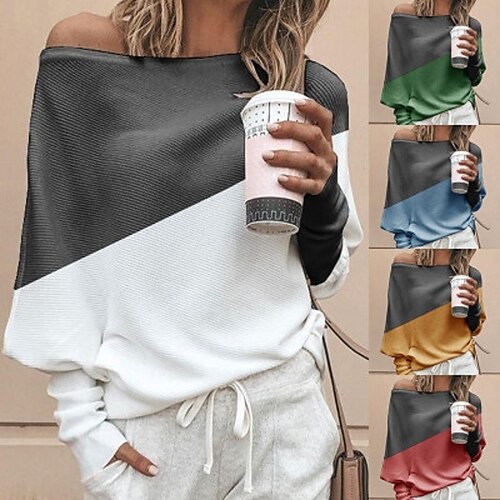 

Women's Blouse Color Block Going out Work Blouse Long Sleeve Patchwork Off Shoulder Form Fit Green White Blue S / Stretchy