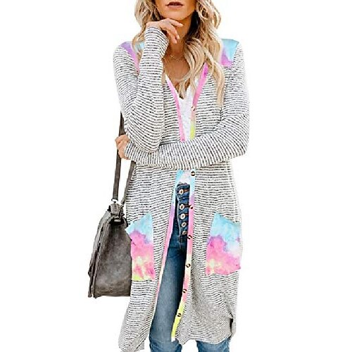 

Women's Cardigan Sweater Jumper Crochet Knit Button Pocket Solid Color Open Front Casual Daily Fall Spring Camouflage orange Little Leopard S M L / Long Sleeve / Color Block / Regular Fit