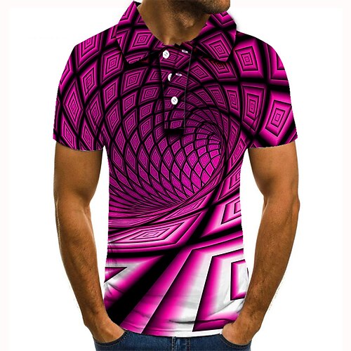 

Men's Collar Polo Shirt Golf Shirt Tennis Shirt Optical Illusion Geometry Collar Pink 3D Print Street Casual Short Sleeve Button-Down Clothing Apparel Fashion Cool Casual / Sports