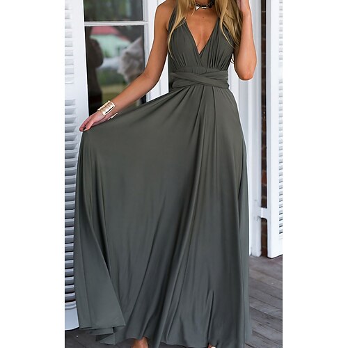 

swingkjole for kvinner maxi lang kjole grå ermeløs ensfarget ryggløs snøring sommer v-hals elegant casual 2021 s m l xl