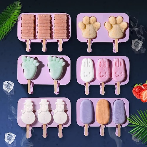 

Ice Cream Popsicle Maker Ice Cube Tray 4 Sets Silicone Ice Cream Mold Popsicle Molds DIY Homemade Cartoon Ice Cream Popsicle Ice Pop Maker Mould with Lid