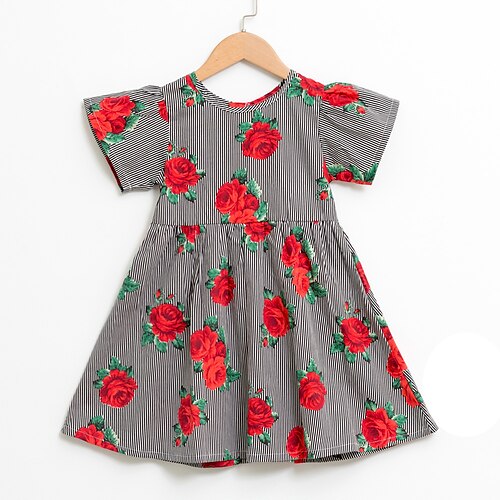 

Niños Chica Vestido Floral A Rayas Manga Corta Estampado Flor Básico Algodón Midi Otoño Primavera verano 2-12 años Como la imagen