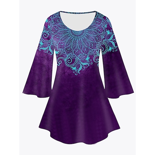 

Women's Plus Size Tops Tunic Graphic Tribal Print 3/4 Length Sleeve Crewneck Basic Daily Holiday Cotton Spandex Jersey Fall Spring Purple