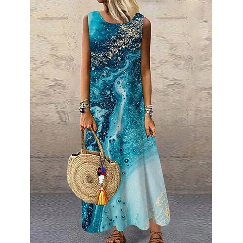 

Women's Shift Dress Long Dress Maxi Dress Blue Light Blue Sleeveless Color Gradient Print Spring Summer Crew Neck S M L XL XXL 3XL