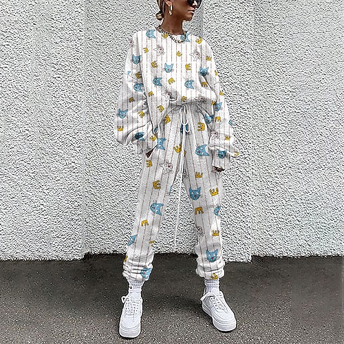 

Women's Active Streetwear Cat Sports Outdoor Casual Two Piece Set Sweatshirt Tracksuit Pants Sets Jogger Pants Drawstring Print Tops