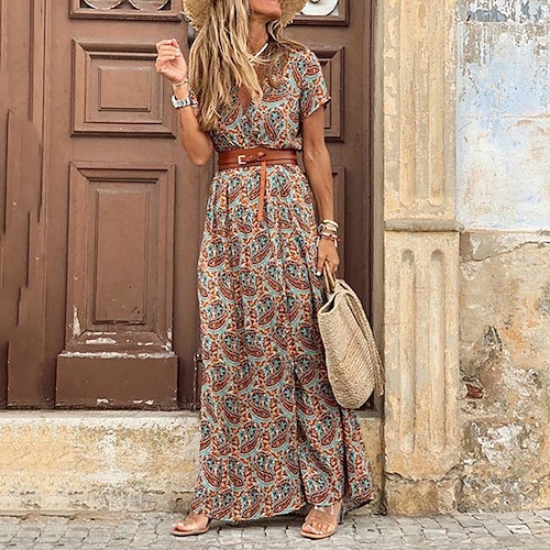 Women's Wrap Dress Floral Dress Floral Print Ruffle Belted Surplice Neck Maxi long Dress Bohemia Gothic Daily Holiday Short Sleeve Regular Fit Red Brown Summer Spring S M L XL XXL