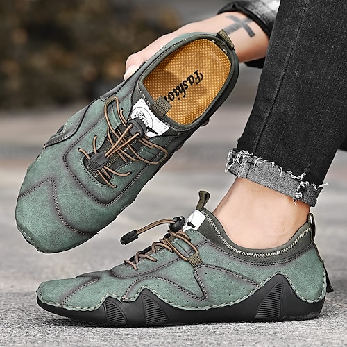 

Men's Sneakers Comfort Loafers Hand Stitching Sporty Casual Outdoor Daily Running Shoes Walking Shoes Nappa Leather Cowhide Breathable Handmade Non-slipping Booties / Ankle Boots Green Black Khaki