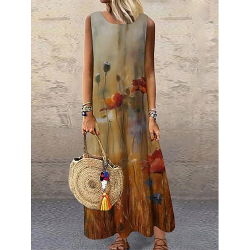 

Women's Shift Dress Long Dress Maxi Dress Green Blue Purple Sleeveless Floral Print Spring Summer Crew Neck Regular Fit Boom Sale Dress S M L XL XXL 3XL