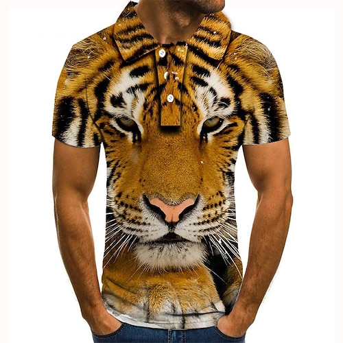 

Men's Collar Polo Shirt Golf Shirt Tennis Shirt Animal Tiger Collar Orange 3D Print Street Casual Short Sleeve Button-Down Clothing Apparel Fashion Cool Casual / Sports