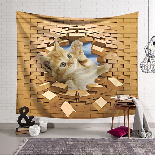 

Wall Tapestry Art Decor Blanket Curtain Hanging Home Bedroom Living Room Decoration Polyester Orange Cat Breaks Through Bricks and Cute Cat Paws