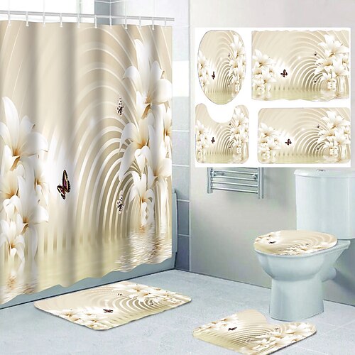 

Flower Pattern Bathroom Waterproof Shower Curtain and Cushion Four-piece Modern Polyester New Design