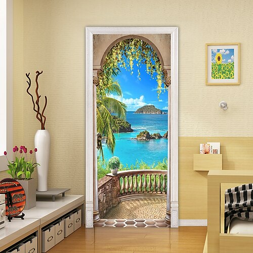 

2pcs Self-adhesive Creative Seaside Scenery Door Stickers For Living Room Diy Decorative Home Waterproof Wall Stickers