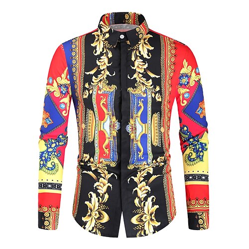 

Men's Shirt Geometric Chains Print Classic Collar Party Casual Print Long Sleeve Tops Ethnic Style Casual Green White Black