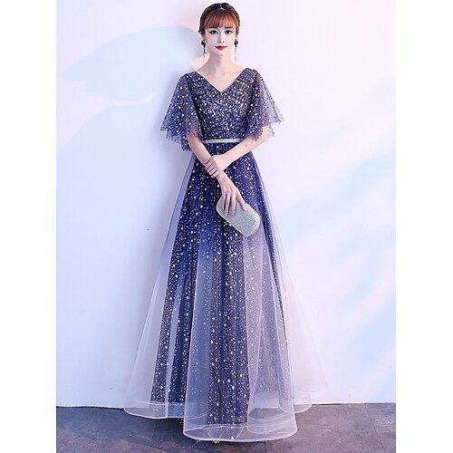 

A-Line Ombre Prom Birthday Dress V Neck Short Sleeve Floor Length Tulle with Sash / Ribbon Crystals 2022
