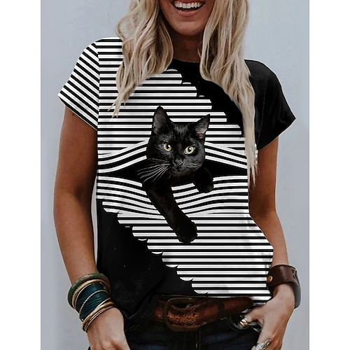 女性用 Tシャツ ブラック ホワイト ライトグレー グラフィック 猫 プリント 半袖 カジュアル 日常 かわいいスタイル ヴィンテージ ラウンドネック レギュラー 3D猫 S