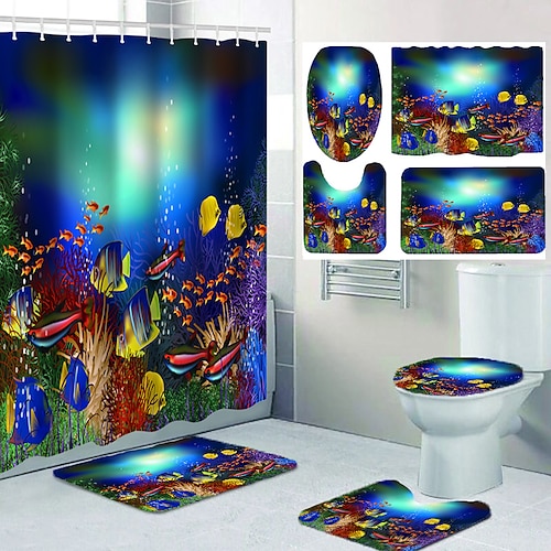 4Pcs Shower Curtain Set with Rug Toilet Lid Cover Sets with Non