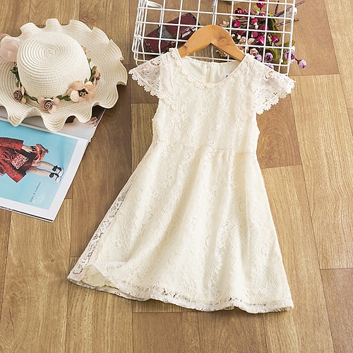 

Kids Girls' Dress Solid Colored Knee-length Dress Lace Short Sleeve Cute Dress Pink White