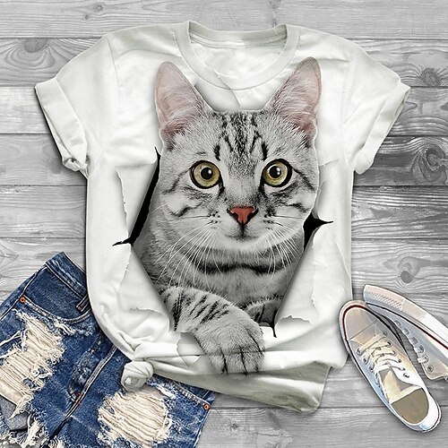 

Women's Plus Size Tops T shirt Cat Dog Graphic Print Short Sleeve Crewneck Basic White Black Big Size XL XXL 3XL 4XL 5XL / Holiday