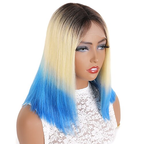 

T1B/613/ Bule Human Hair BOBO Short Head Cover 14-Inch T-Lace Wigs