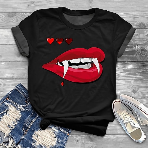 

Women's Plus Size Tops T shirt Graphic Heart Print Short Sleeve Crewneck Basic Daily Weekend Cotton Spandex Jersey Black / Mouth