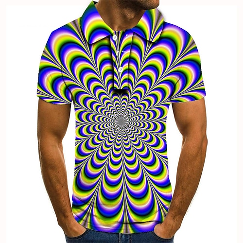 

Men's Collar Polo Shirt Golf Shirt Tennis Shirt Optical Illusion Geometry Collar Blue 3D Print Street Casual Short Sleeve Button-Down Clothing Apparel Fashion Cool Casual / Sports