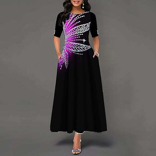 

Mulheres Vestido de turno Vestido Longo Vestido Maxi Roxo Meia Manga Imprimir Outono Primavera Gola Redonda 2022 S M L XL XXL