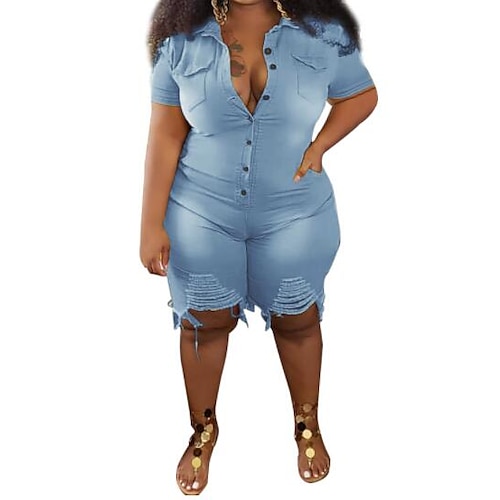 

Women's Plus Size Jumpsuit Patchwork Button Plain Short Sleeve Spring Summer L XL 2XL 3XL 4XL / Shirt Collar